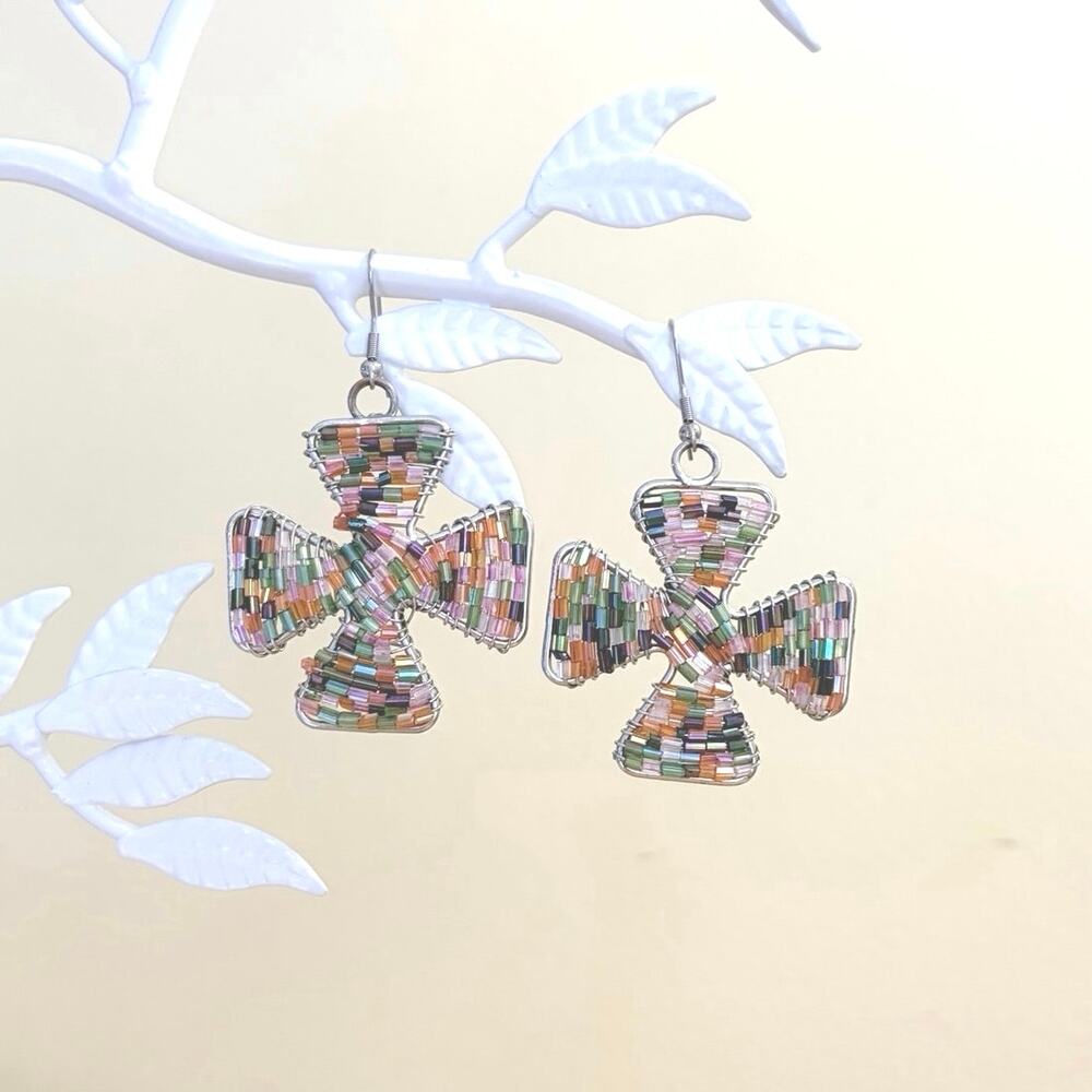 Artisanal Bugle Bead Maltese Cross Wire Hook Earrings Boho Mosaic Statement